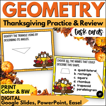 Preview of Thanksgiving Geometry Task Cards - Shapes, Lines, and Angles Practice and Review