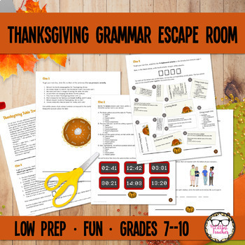 Preview of Thanksgiving Grammar Escape Room Fun Verbals Verbs Pronouns Adverbs Review Game