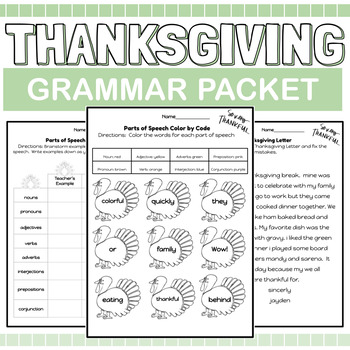Preview of Thanksgiving Grammar Packet (Language Arts, Parts of Speech, Punctuation)