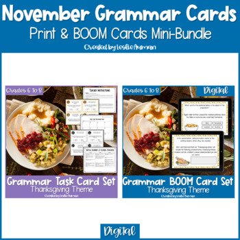 Preview of Thanksgiving Grammar Print Task Cards and BOOM Cards BUNDLE