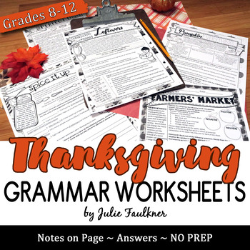 Preview of Thanksgiving Grammar Worksheets, NO PREP, Middle and High School
