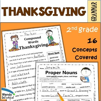 Preview of Thanksgiving Grammar Worksheets for 2nd grade Language Arts ELA