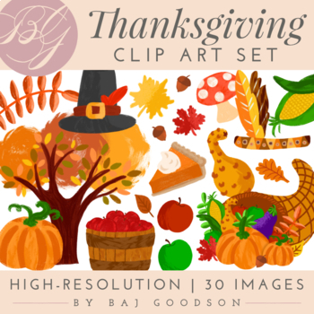 Preview of Thanksgiving Holiday Themed Premium Clip Art Set | Color Hand Drawn Transp. PNGs