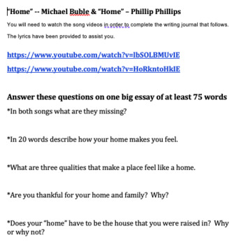 Preview of Thanksgiving - "Home" - Michael Buble & Phillip Phillips song journal prompt