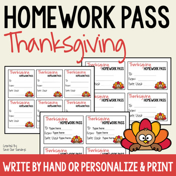Preview of Thanksgiving Homework Pass - No homework pass for Thanksgiving rewards, editable