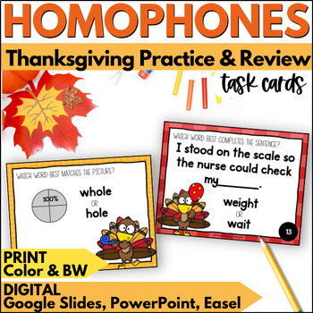 Preview of Thanksgiving Homophones Task Cards - Vocabulary Practice and Review Activities