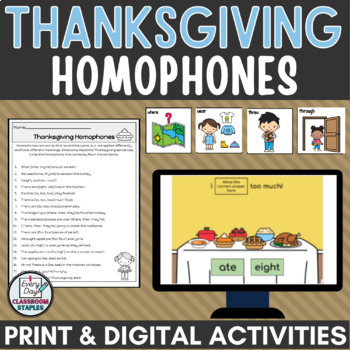 Preview of Thanksgiving Homophones Worksheets and Digital Activities plus matching cards