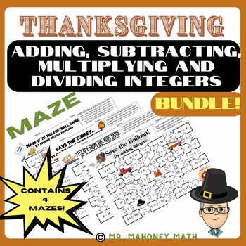 Preview of Thanksgiving Integer Mazes Bundle - Add, Subtract, Multiply & Divide