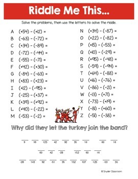 Thanksgiving Integers Math Riddle Bundle by Snyder Classroom | TpT