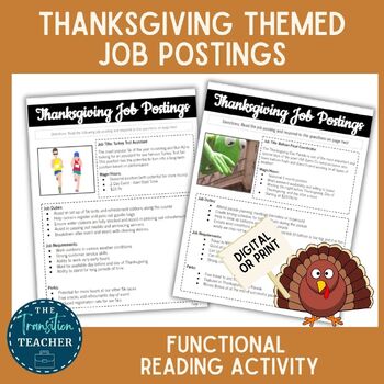 Preview of Thanksgiving Job Postings | Functional Reading | Career Exploration