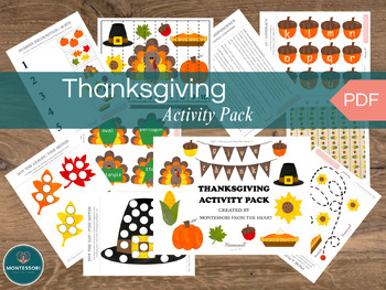 Preview of Thanksgiving Montessori Kids Activity Pack Hands-on Learning Downloadable PDF fo
