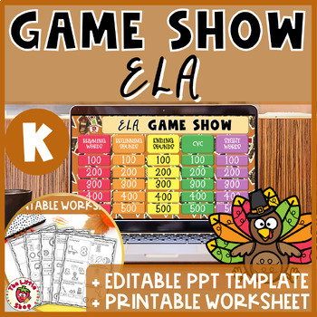 Preview of Thanksgiving Kindergarten ELA Game Show - PowerPoint Game + Printable Worksheet