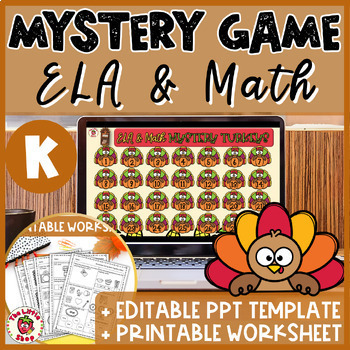 Preview of Thanksgiving Kindergarten ELA Math Mystery Game - PPT Game + Printable Worksheet