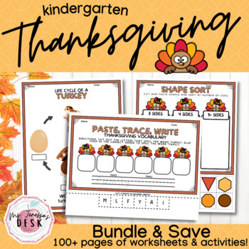 Preview of Thanksgiving Kindergarten Literacy, Math, Science, and Poetry Worksheet Bundle