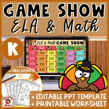 Preview of Thanksgiving Kindergarten Math ELA Game Show - PPT Game+ Printable Worksheet