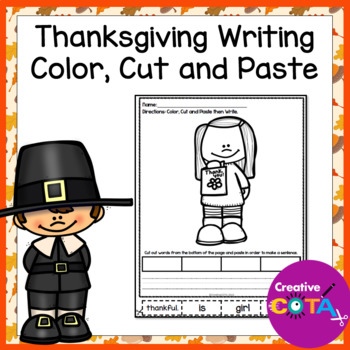 Preview of Thanksgiving Kindergarten Writing Sentence Color Cut & Paste Worksheets
