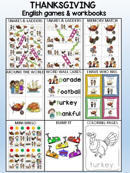 Preview of Thanksgiving -  ENGLISH games and workbook package - revised