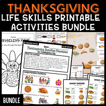 Preview of Thanksgiving Life Skills Bundle Printable Worksheets & Task Cards Special Edu.