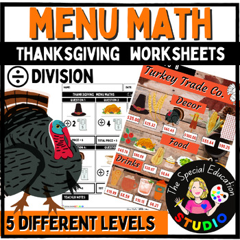 Preview of Thanksgiving Life Skills Division Math Menu Center High School Special Education