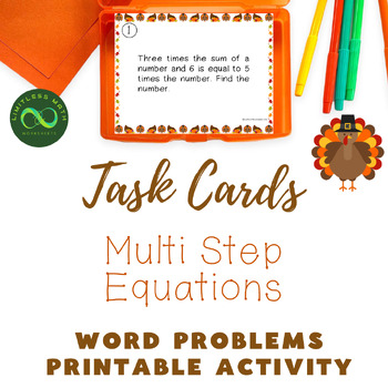 Preview of Thanksgiving Task Cards - Multi Step Equations Word Problems Variables on 1 side