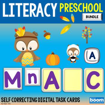 Preview of Thanksgiving Literacy Boom Cards Preschool Bundle - Owls