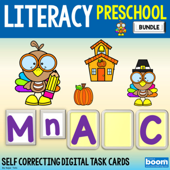 Preview of Thanksgiving Literacy Boom Cards Preschool Bundle - Smart Turkey