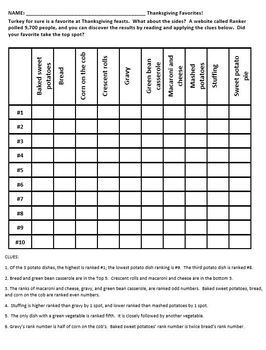 Thanksgiving Logic Puzzle Freebie by That Rocks Math Science and ELA