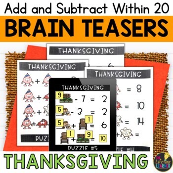 Preview of Thanksgiving Logic Puzzles First Grade Brain Teasers Add and Subtract to 20