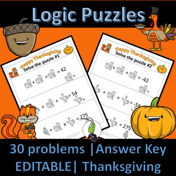 Preview of Thanksgiving Logic Puzzles | Number Sense | Algebra 1