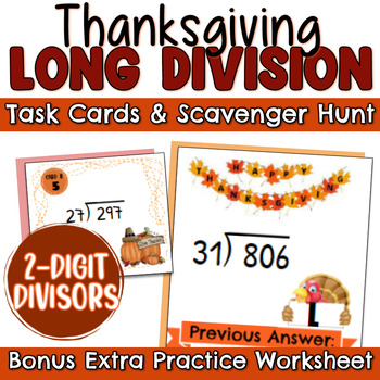 Preview of Thanksgiving Long Division Task Cards Scavenger Hunt Activities 2 digit divisor