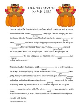 Preview of Thanksgiving Mad Lib