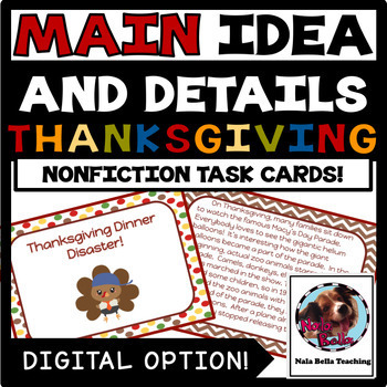 Preview of Thanksgiving Main Idea and Details Task Cards Google Slides Ready