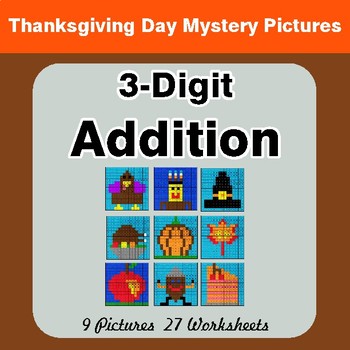 Thanksgiving Math: 3-Digit Addition - Color-By-Number Math Mystery Pictures