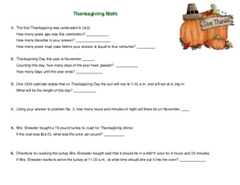 Preview of Thanksgiving Math Word Problem - Investigation