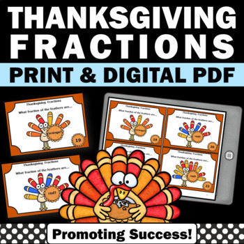 Preview of Thanksgiving Fractions Review Task Cards 3rd Grade Practice Turkey Activities