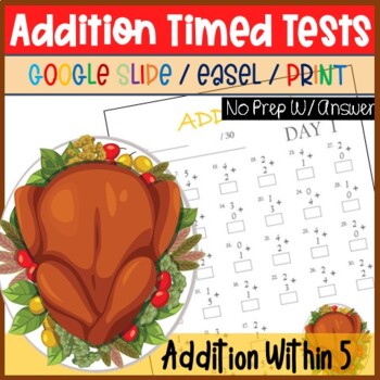 Preview of Thanksgiving Math Activities, Addition Timed Tests - Math Fact Fluency Within 5