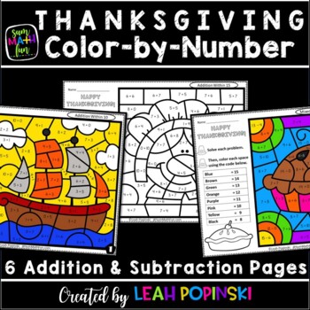 Preview of Thanksgiving Color by Number Code Coloring Pages Addition Subtraction Within 20
