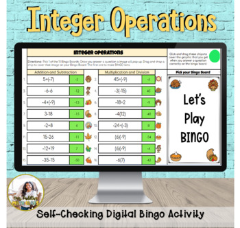 Preview of Thanksgiving  Math Activity Operations with Integers Bingo Digital self-checking