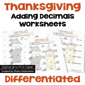 Preview of Thanksgiving Math Adding Decimals Worksheets - Differentiated