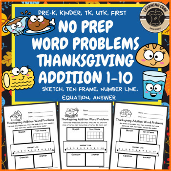 Preview of Thanksgiving Math Addition Word Problems November PreK Kindergarten First TK