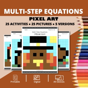 Preview of Thanksgiving: Algebra Multi-Step Equations Pixel Art Activity