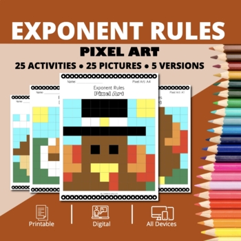 Preview of Thanksgiving: Algebra Exponent Rules Pixel Art Activity