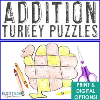 Preview of ADDITION Turkey Craft | Thanksgiving Math Activity Center Worksheet Alternative