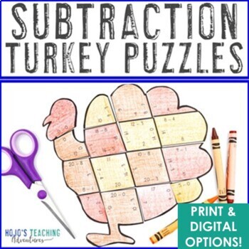 Preview of SUBTRACTION Turkey Craft | Thanksgiving Math Activity Game Center Puzzle