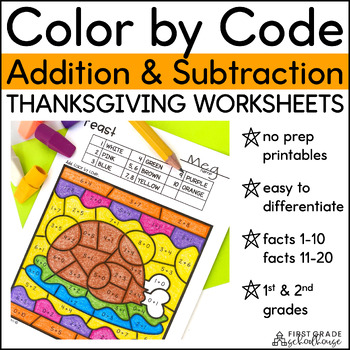 Preview of Thanksgiving Color by Number Code Addition & Subtraction within 20 Worksheets