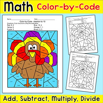 Preview of Thanksgiving Color by Number Hidden Picture - Add, Subtract, Multiply, Divide