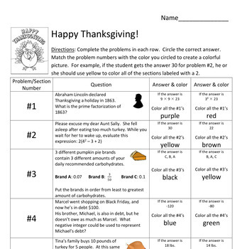 6th grade thanksgiving math color by number by mathematic fanatic