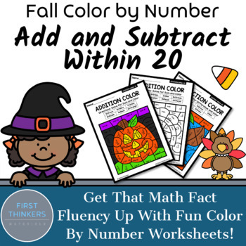 Preview of Halloween Math Coloring Pages Fall Color By Number Worksheets Add to 20
