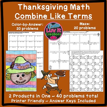 Preview of Fall Thanksgiving Math Combine Like Terms Color by Number & Maze Holiday Bundle
