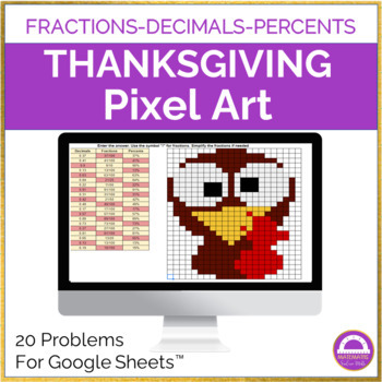 Preview of Thanksgiving Math | Converting Fractions Decimals Percents Pixel Art Activity